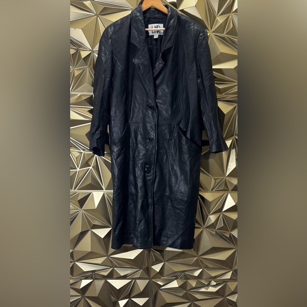 LNR Black Leather Trench Coat Longline Button Front Jacket Vintage Womens Medium